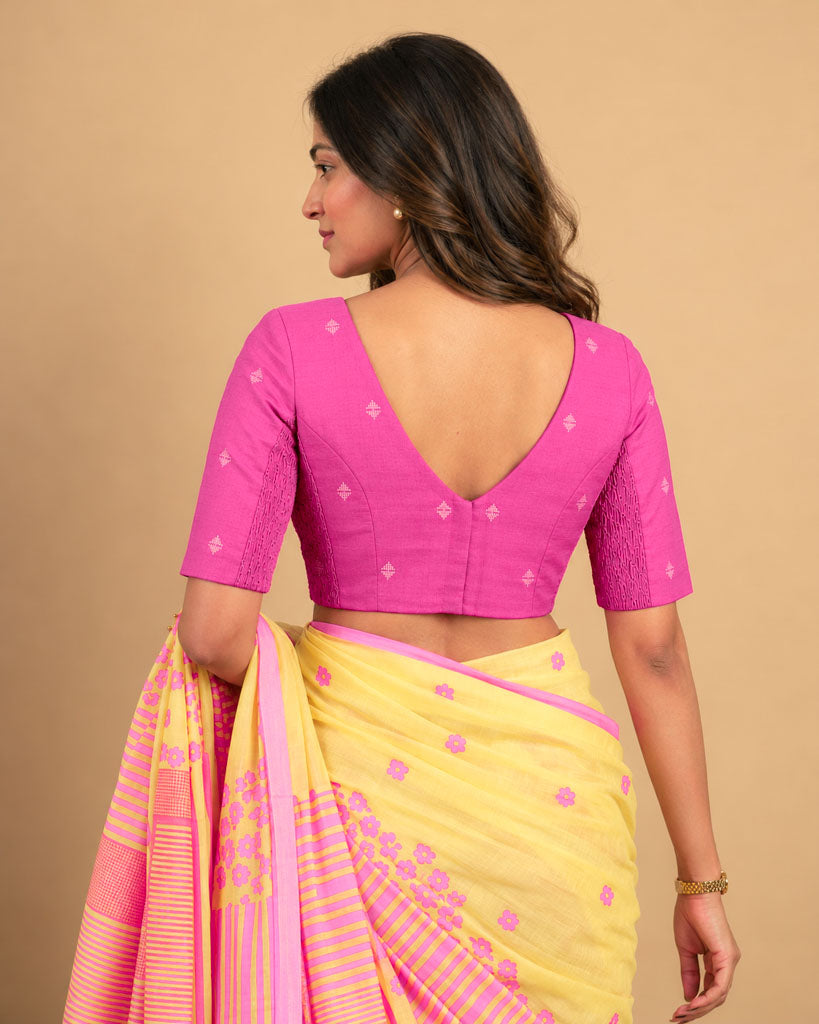 2-in-1 Reversible Stretchable V-Neck Art Silk & Cotton Blouse with Elbow Sleeves - Wine & Pink