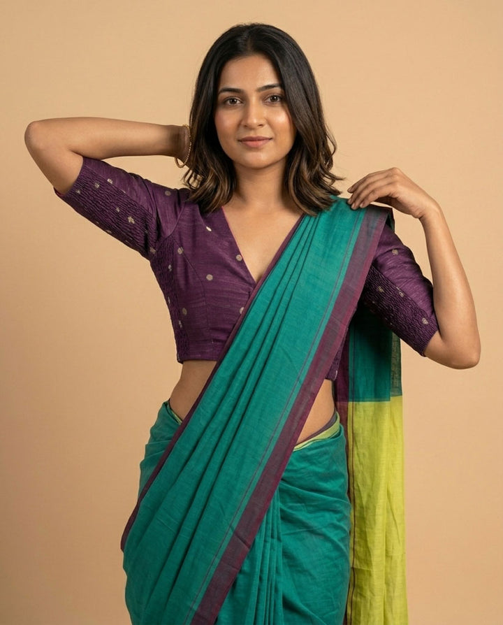 2-in-1 Reversible Stretchable V-Neck Art Silk & Cotton Blouse with Elbow Sleeves - Wine & Pink