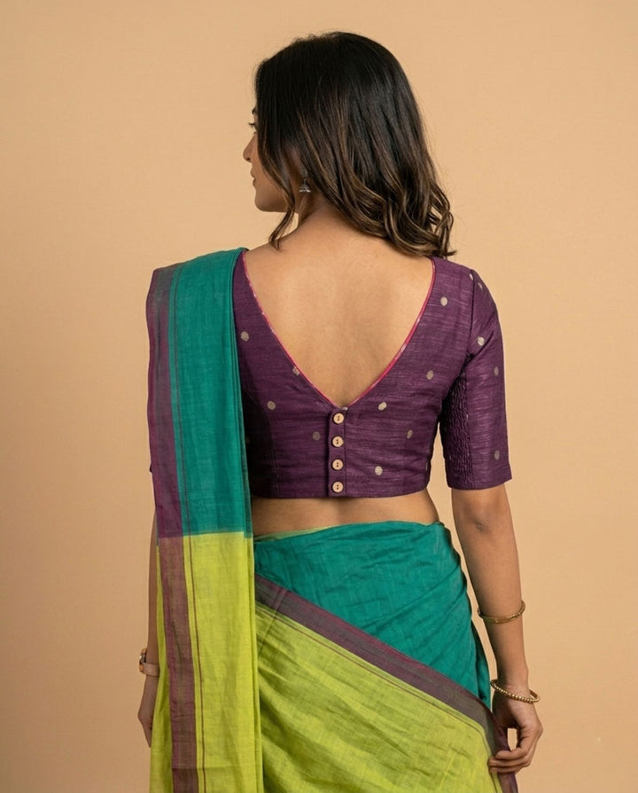 2-in-1 Reversible Stretchable V-Neck Art Silk & Cotton Blouse with Elbow Sleeves - Wine & Pink