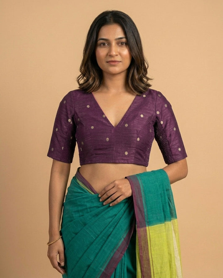 2-in-1 Reversible Stretchable V-Neck Art Silk & Cotton Blouse with Elbow Sleeves - Wine & Pink