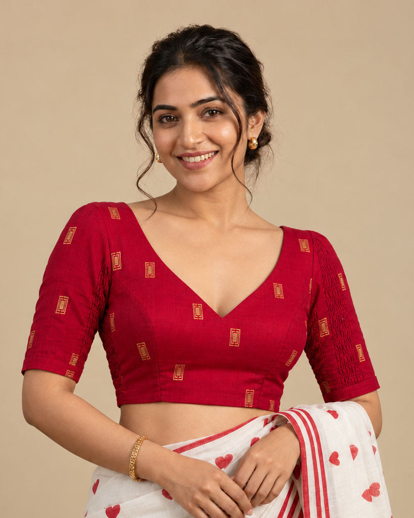 2-in-1 Reversible Stretchable V-Neck Art Silk & Cotton Blouse with Elbow Sleeves - Red & Yellow