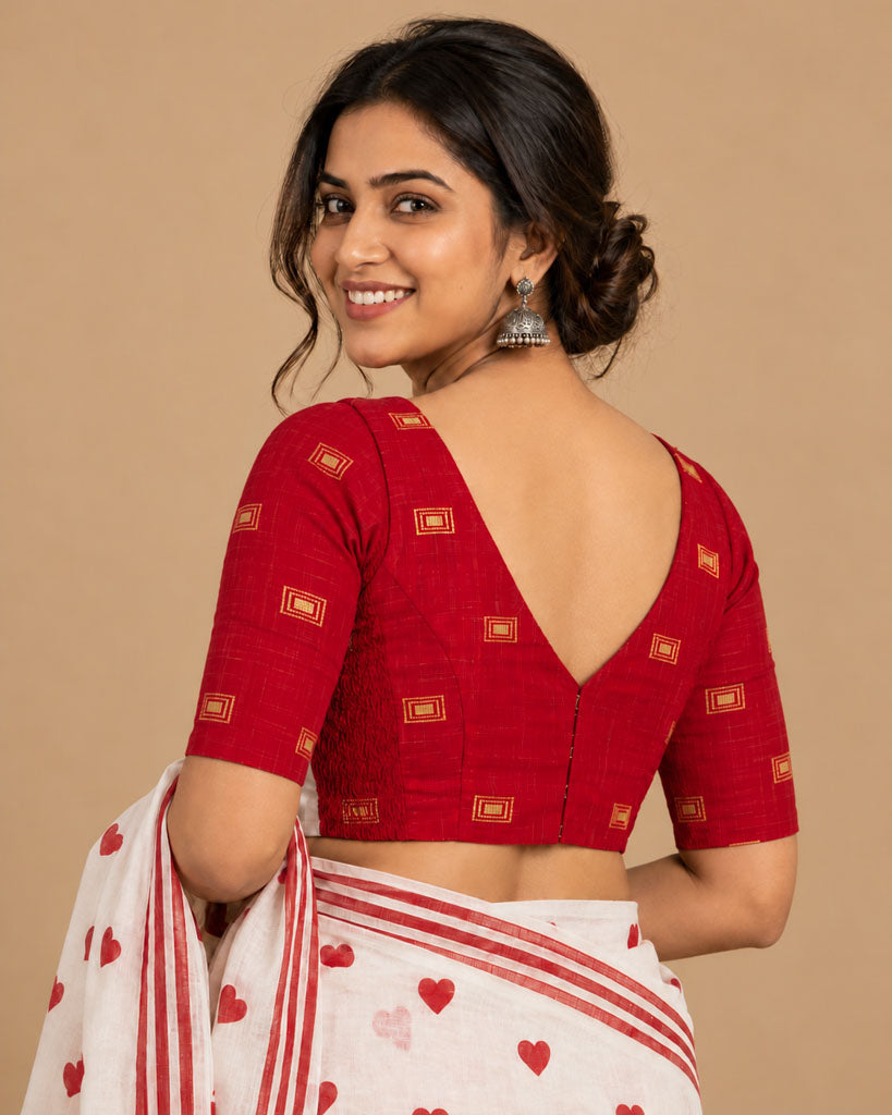 2-in-1 Reversible Stretchable V-Neck Art Silk & Cotton Blouse with Elbow Sleeves - Red & Yellow