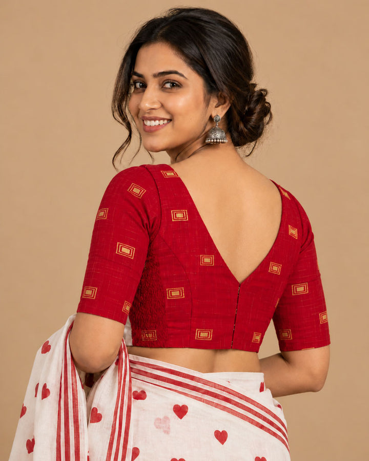 2-in-1 Reversible Stretchable V-Neck Art Silk & Cotton Blouse with Elbow Sleeves - Red & Yellow