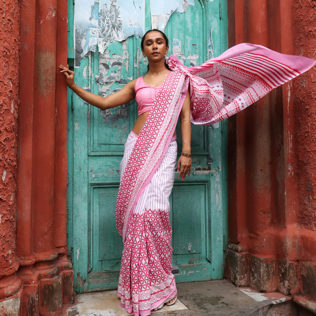 Evening Raga - Mul Cotton Hand Block Printed Saree