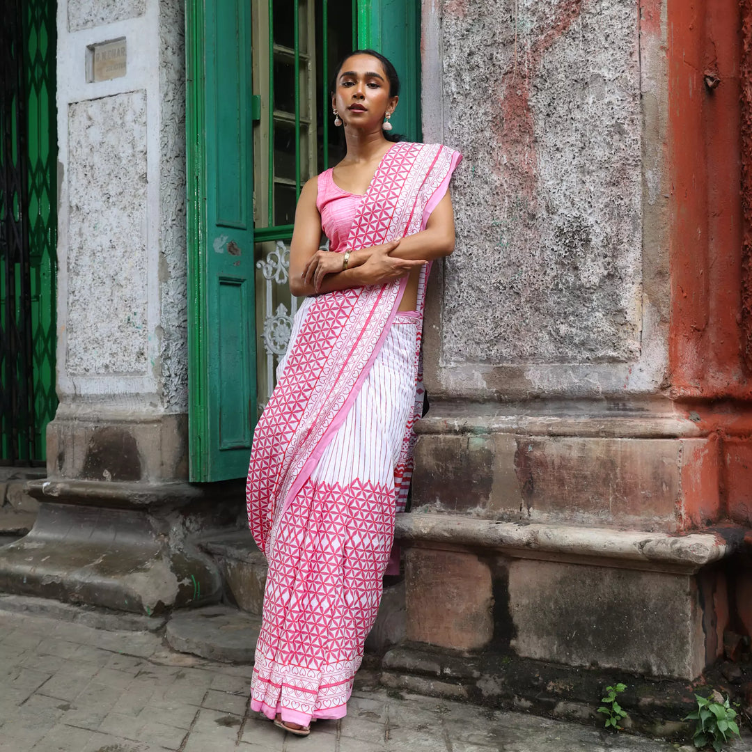 Evening Raga - Mul Cotton Hand Block Printed Saree