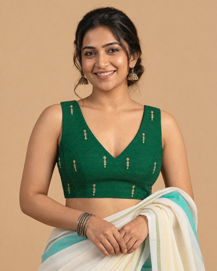 2-in-1 Reversible Stretchable V-Neck Sleeveless Art Silk & Cotton Blouse - Green & Pink