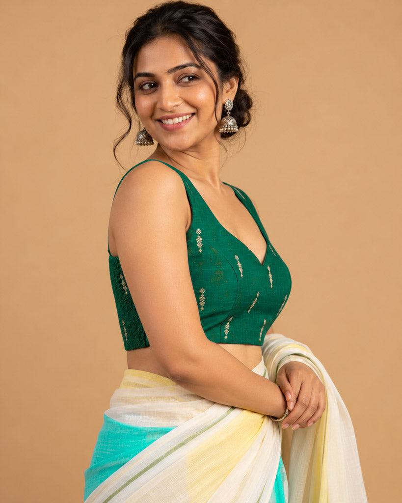 2-in-1 Reversible Stretchable V-Neck Sleeveless Art Silk & Cotton Blouse - Green & Pink