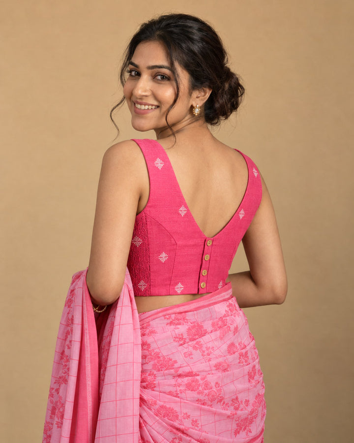 2-in-1 Reversible Stretchable V-Neck Sleeveless Art Silk & Cotton Blouse - Green & Pink