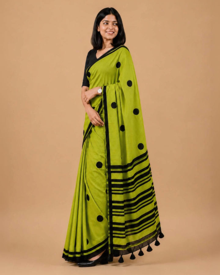 Green Polka Hand Block Print Mul Mul Cotton Saree