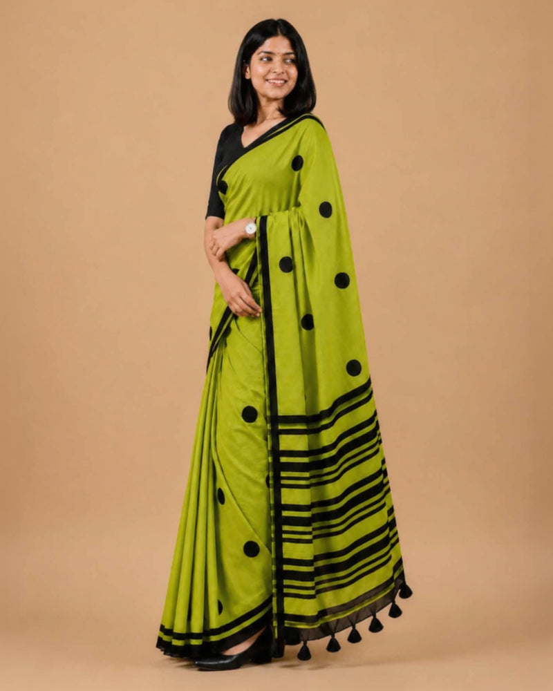 Green Polka Hand Block Print Mul Mul Cotton Saree