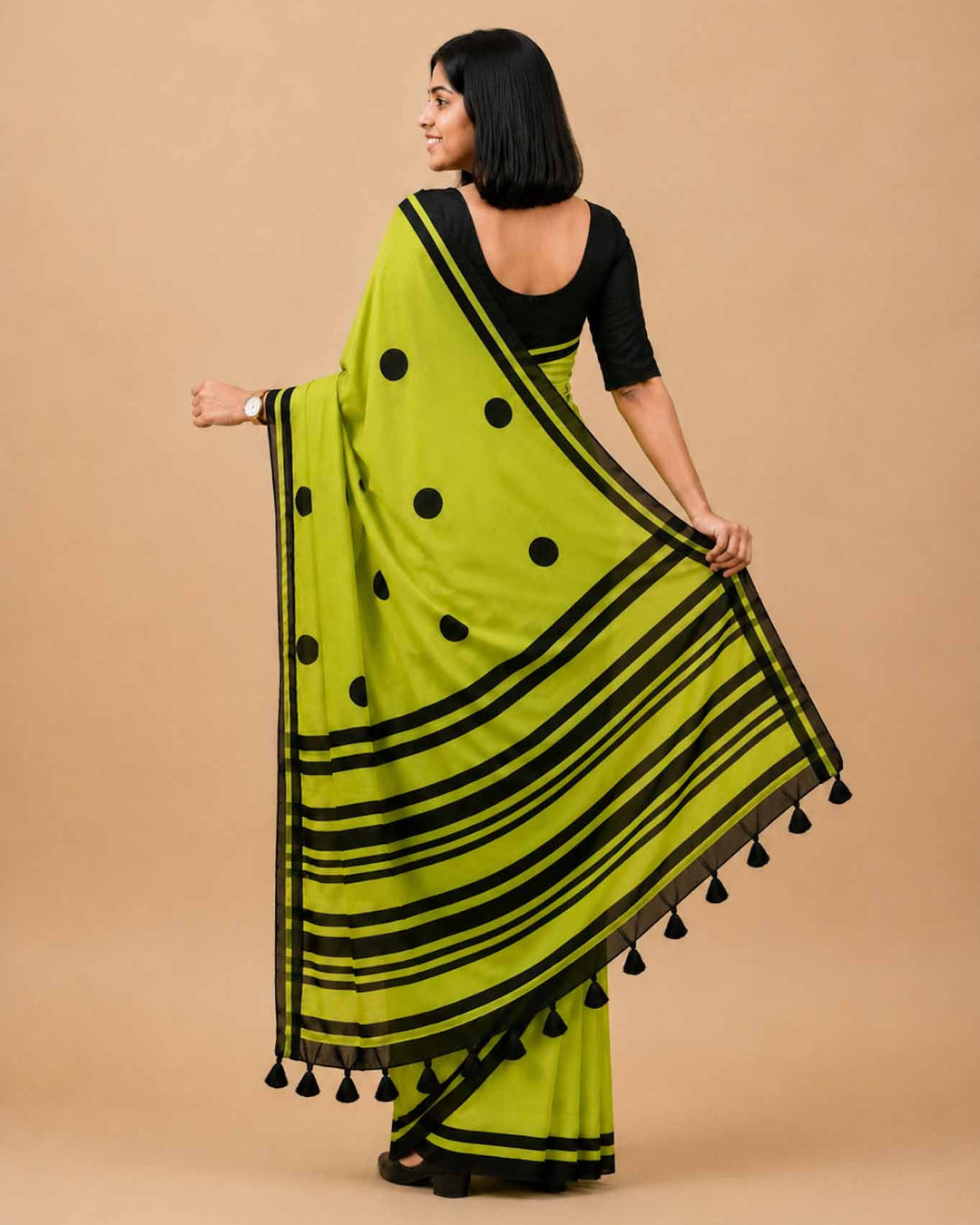 Green Polka Hand Block Print Mul Mul Cotton Saree