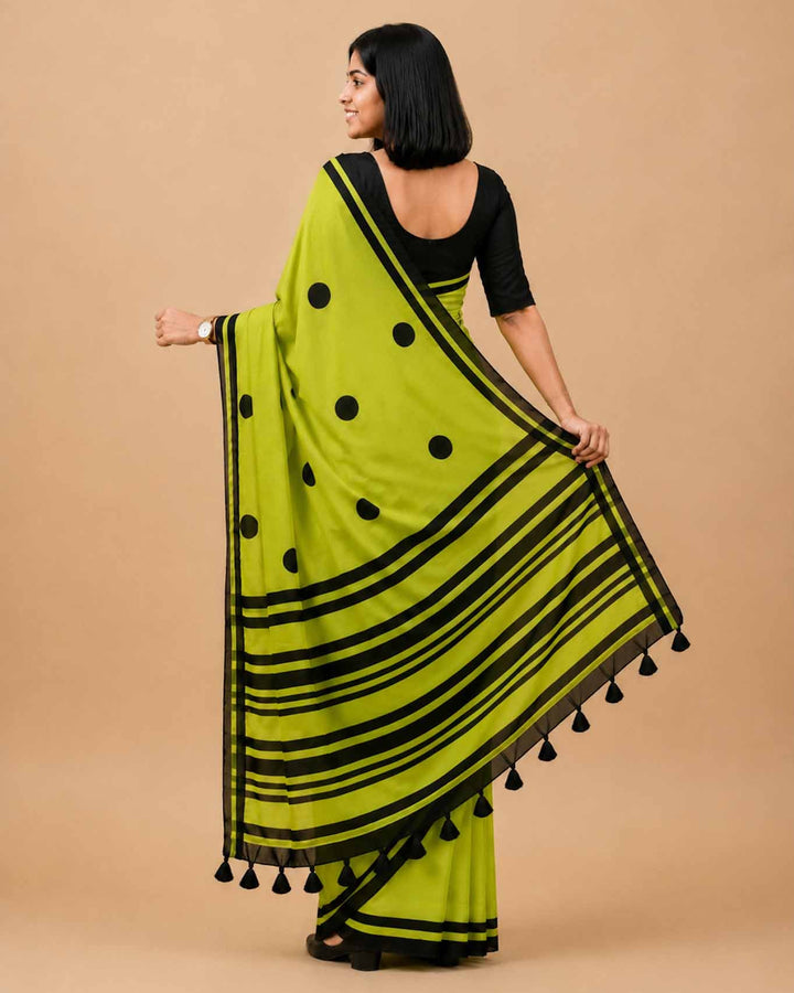 Green Polka Hand Block Print Mul Mul Cotton Saree
