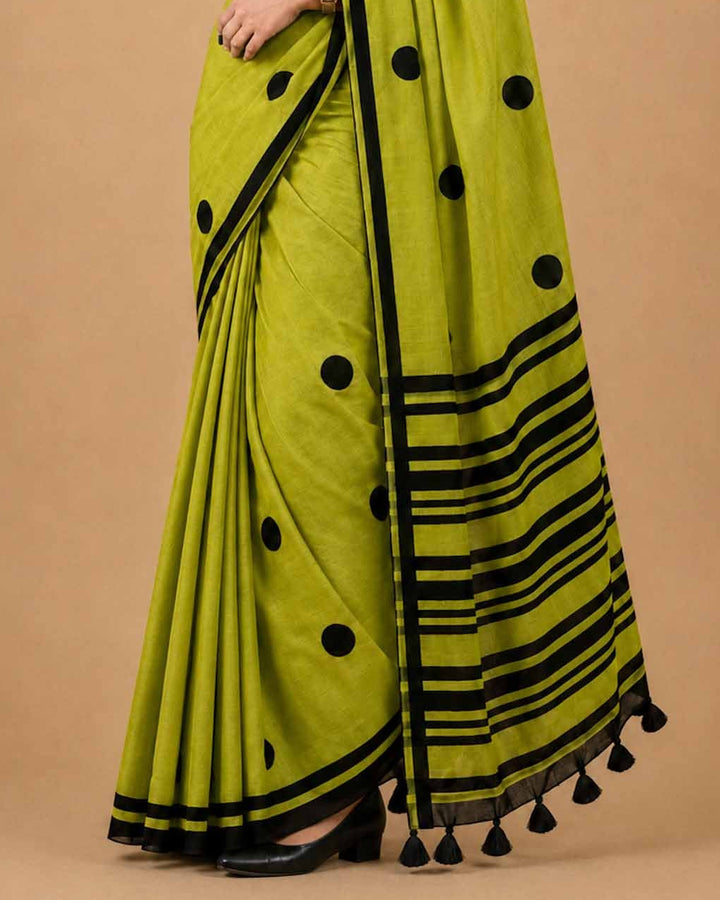 Green Polka Hand Block Print Mul Mul Cotton Saree
