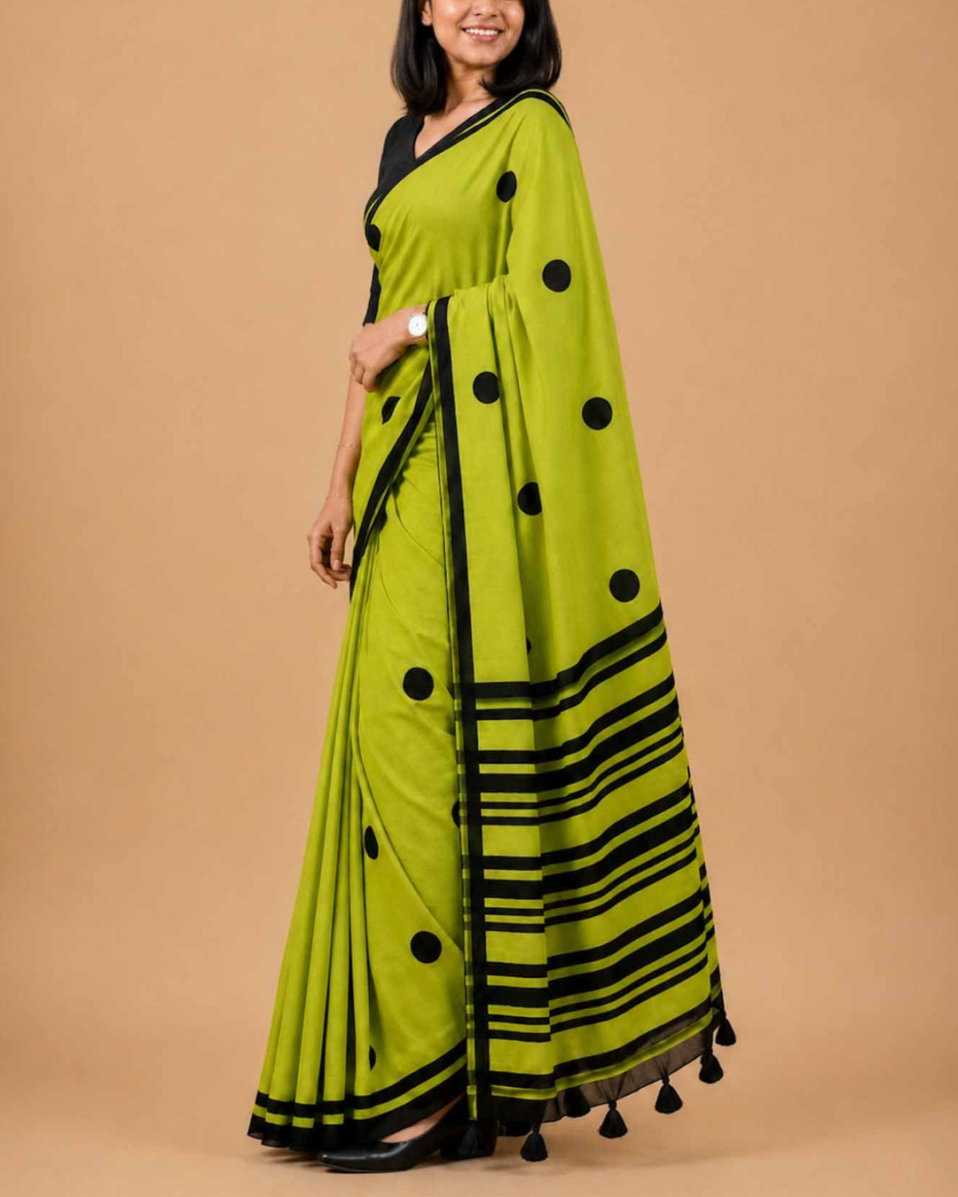 Green Polka Hand Block Print Mul Mul Cotton Saree