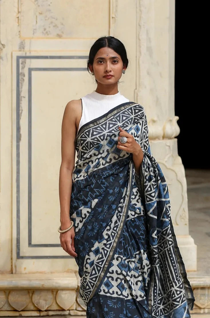 Indigo Prism - Hand Block Print Chanderi Silk Saree