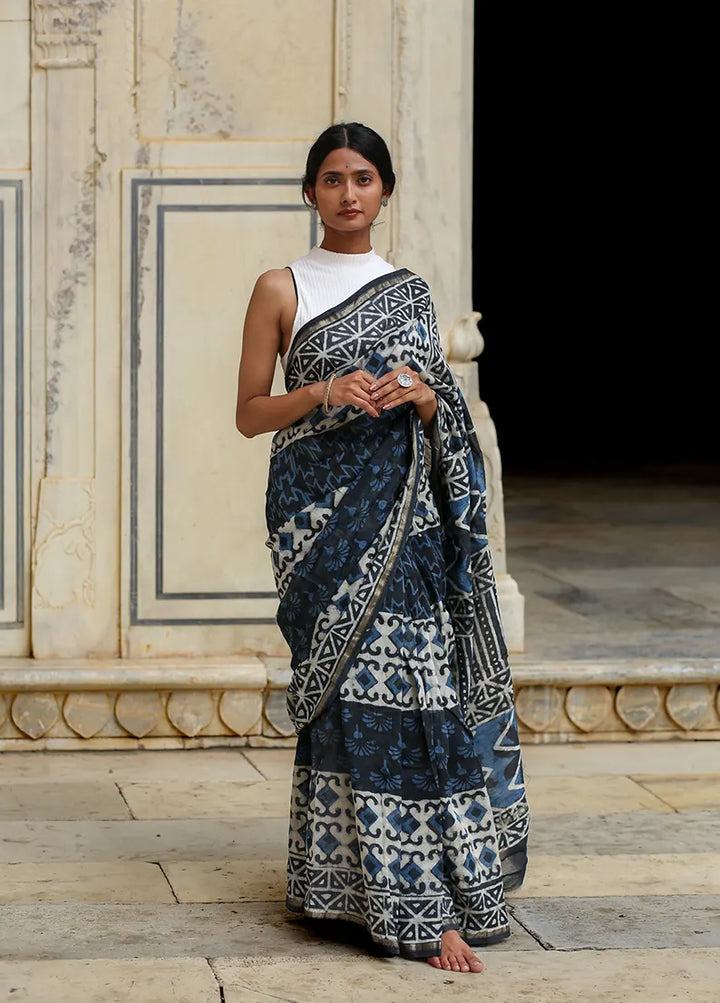 Indigo Prism - Hand Block Print Chanderi Silk Saree