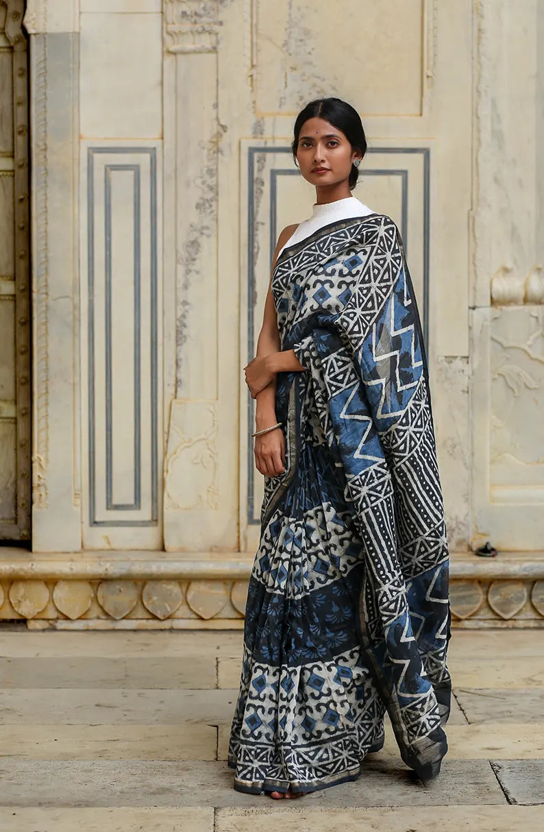 Indigo Prism - Hand Block Print Chanderi Silk Saree