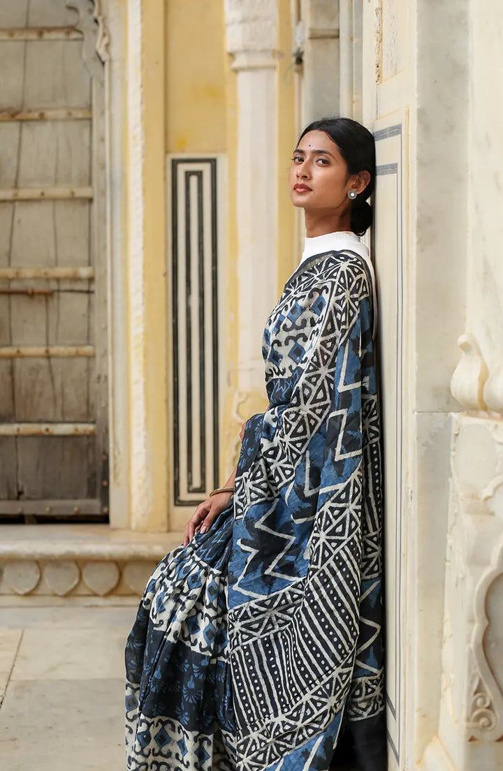 Indigo Prism - Hand Block Print Chanderi Silk Saree