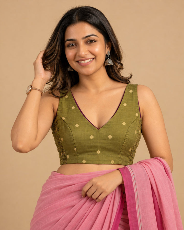 2-in-1 Reversible Stretchable V-Neck Sleeveless Art Silk Blouse - Olive & Wine