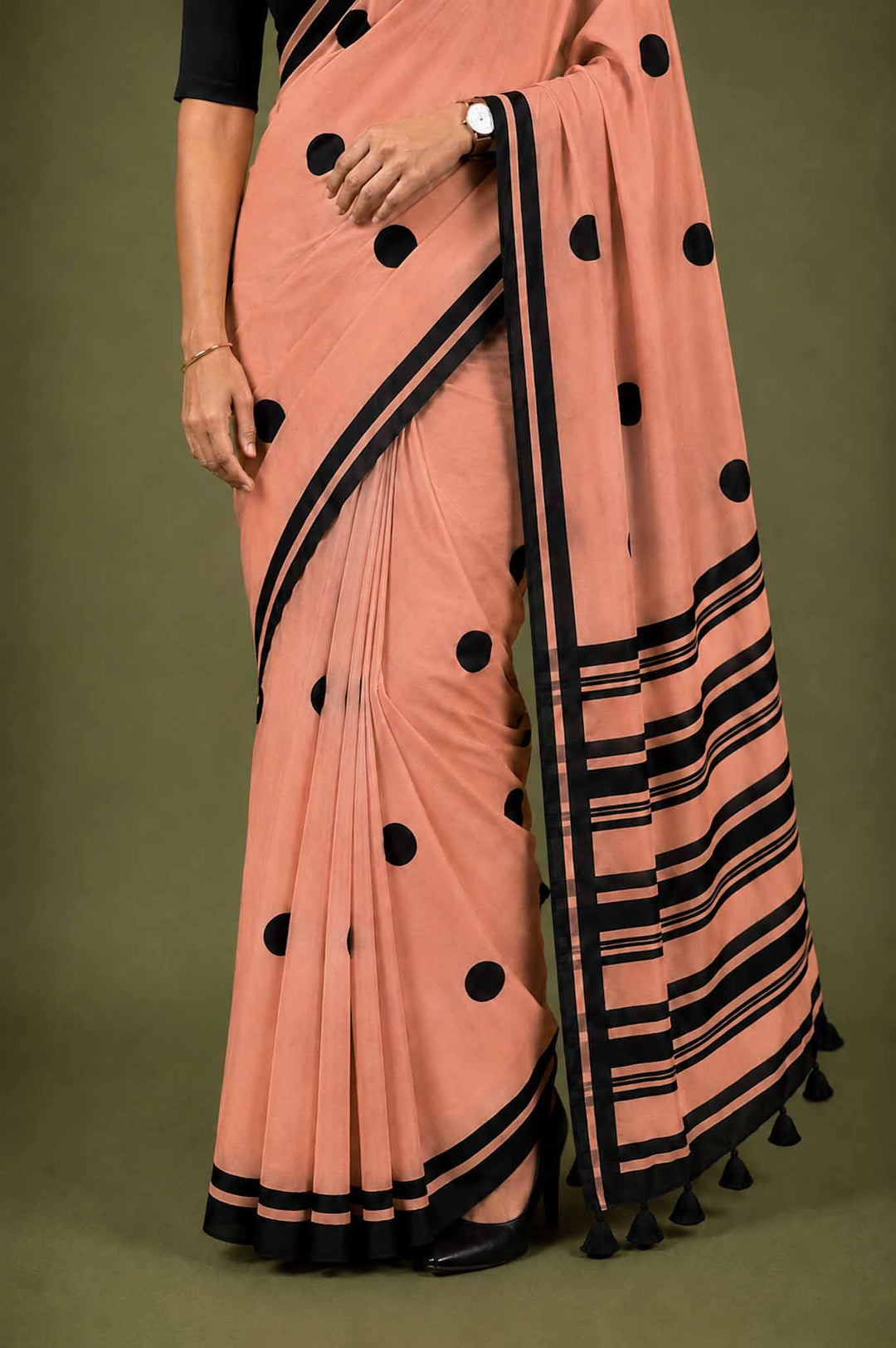 Peach Polka Hand Block Print Mul Mul Cotton Saree