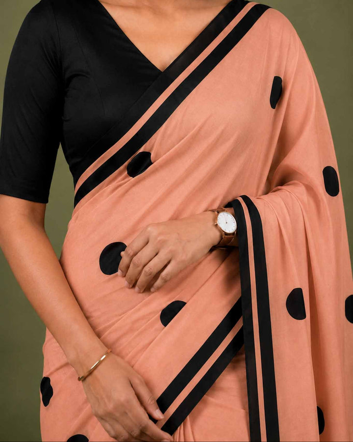 Peach Polka Hand Block Print Mul Mul Cotton Saree