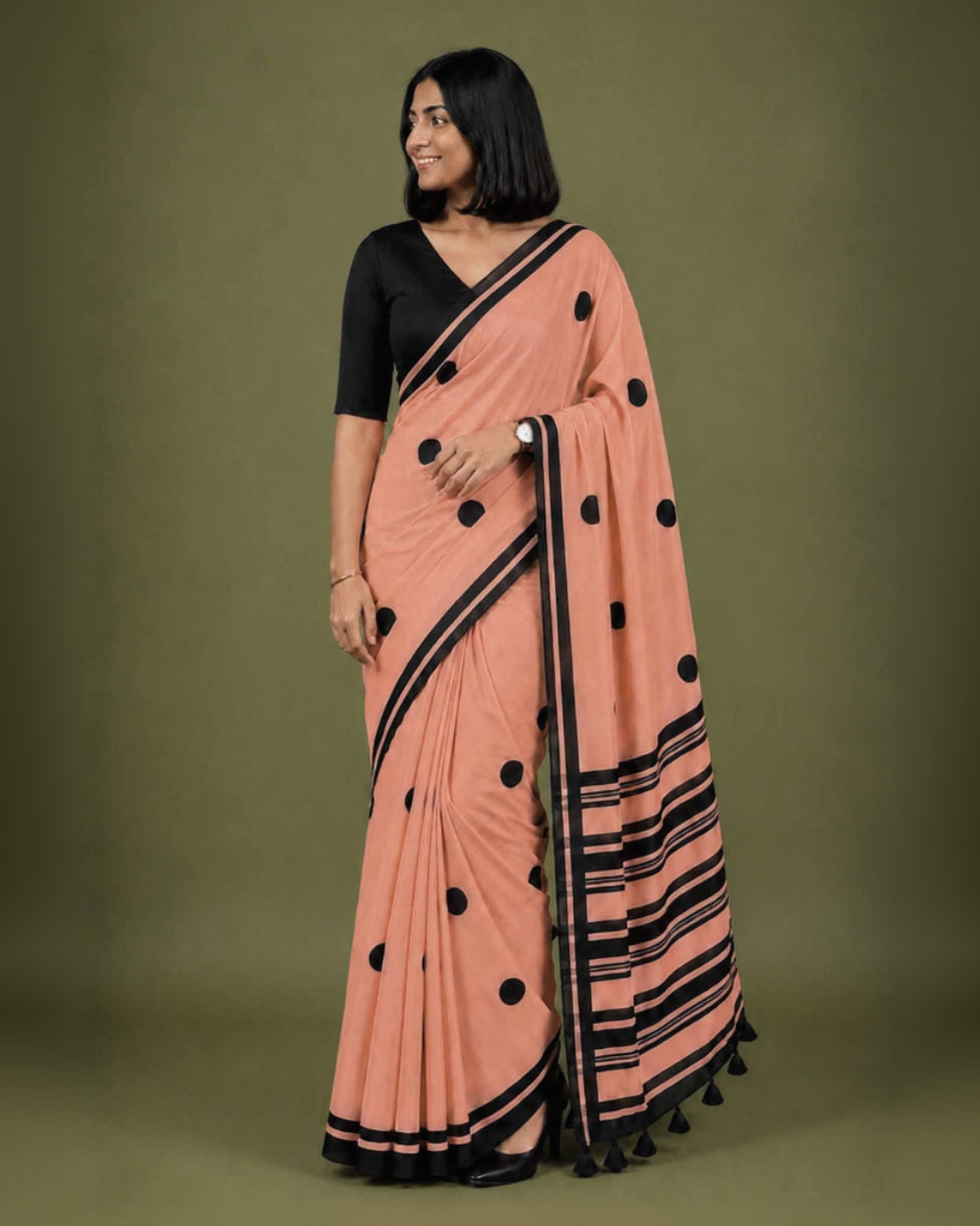 Peach Polka Hand Block Print Mul Mul Cotton Saree