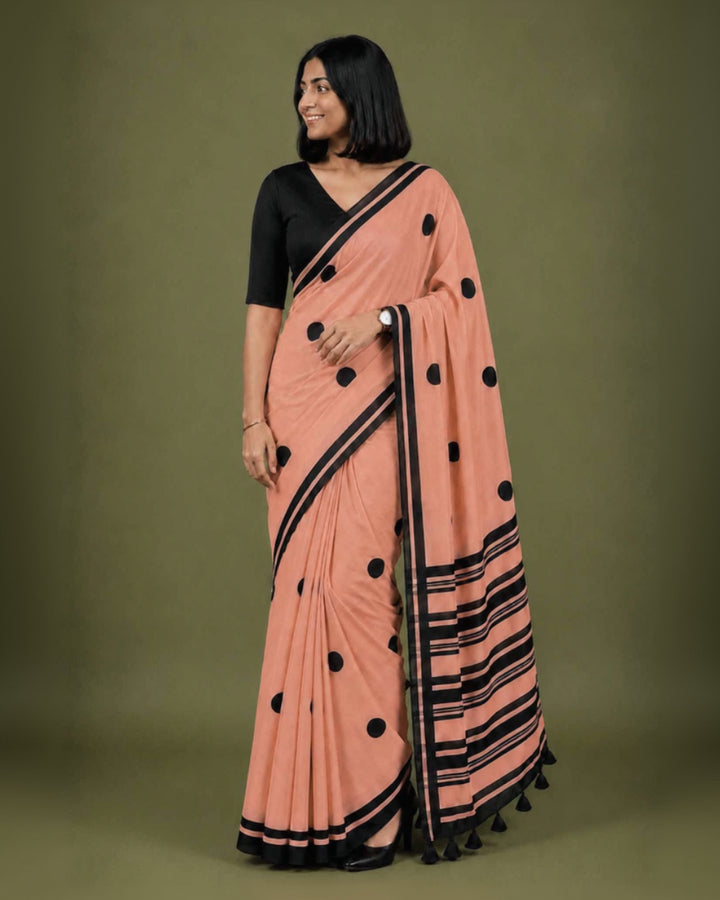 Peach Polka Hand Block Print Mul Mul Cotton Saree