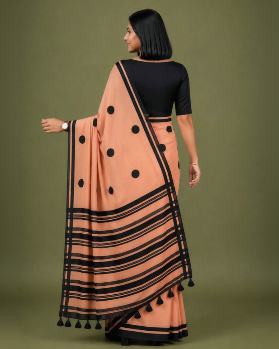 Peach Polka Hand Block Print Mul Mul Cotton Saree
