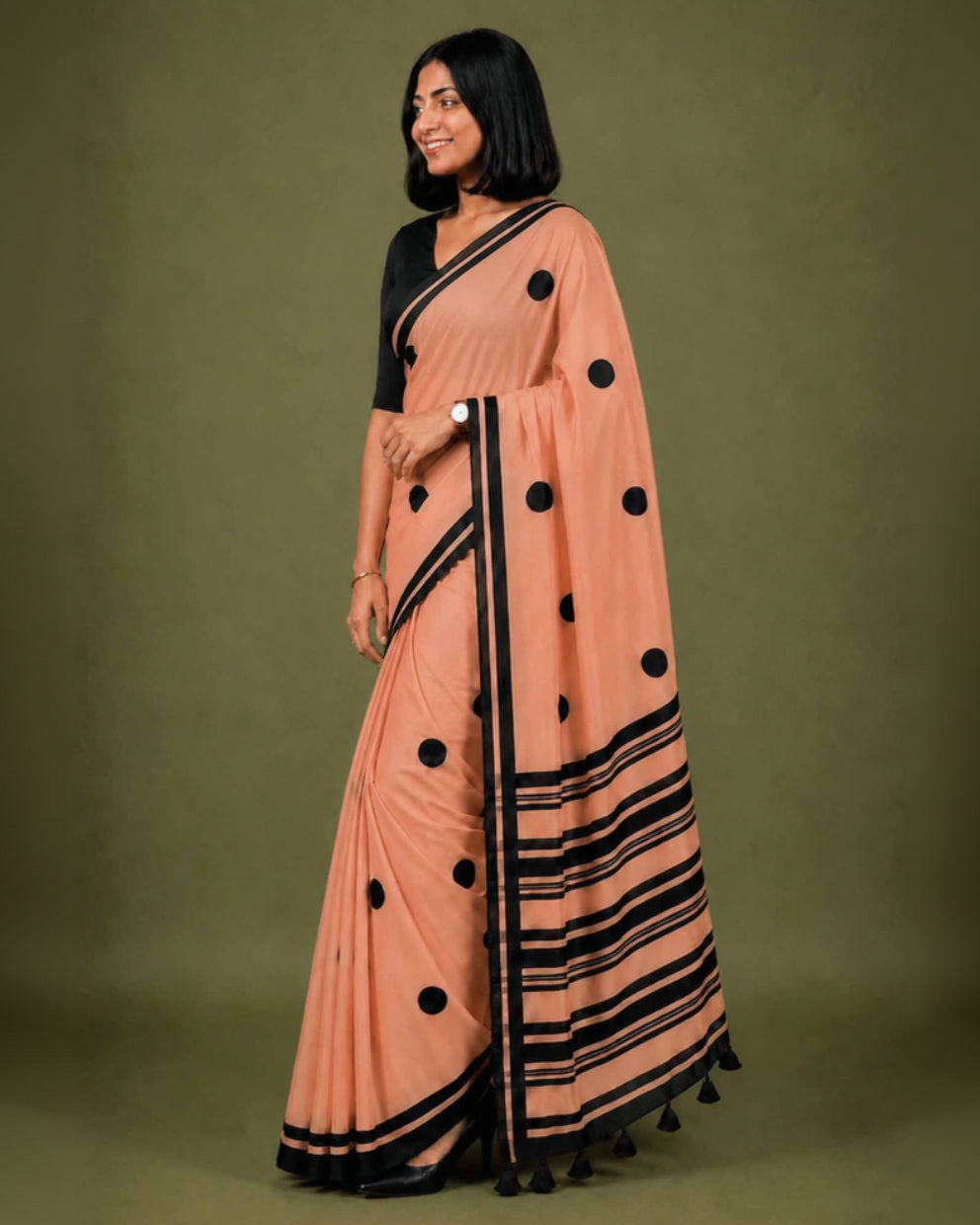 Peach Polka Hand Block Print Mul Mul Cotton Saree