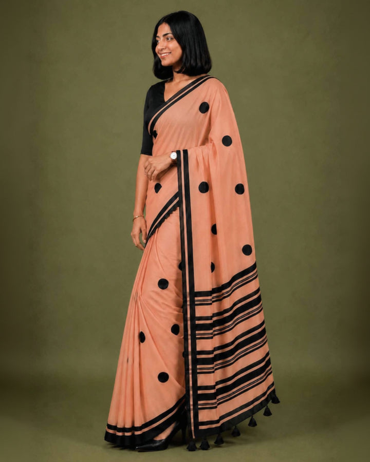 Peach Polka Hand Block Print Mul Mul Cotton Saree