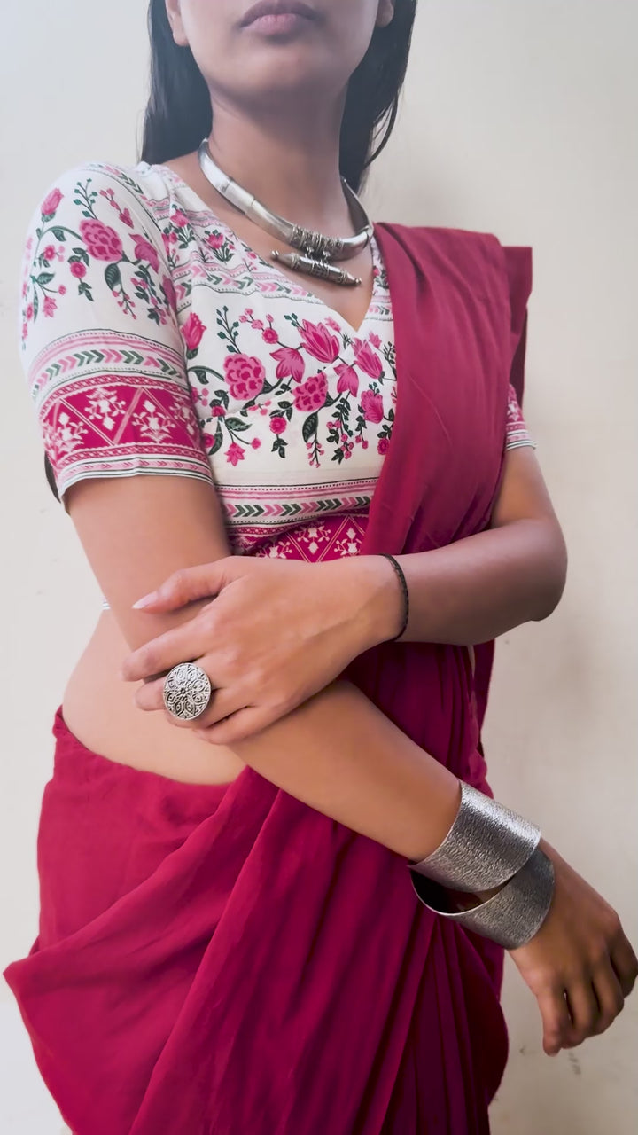 Mridula Floral Cotton Angrakha Style Blouse with Side Buttons