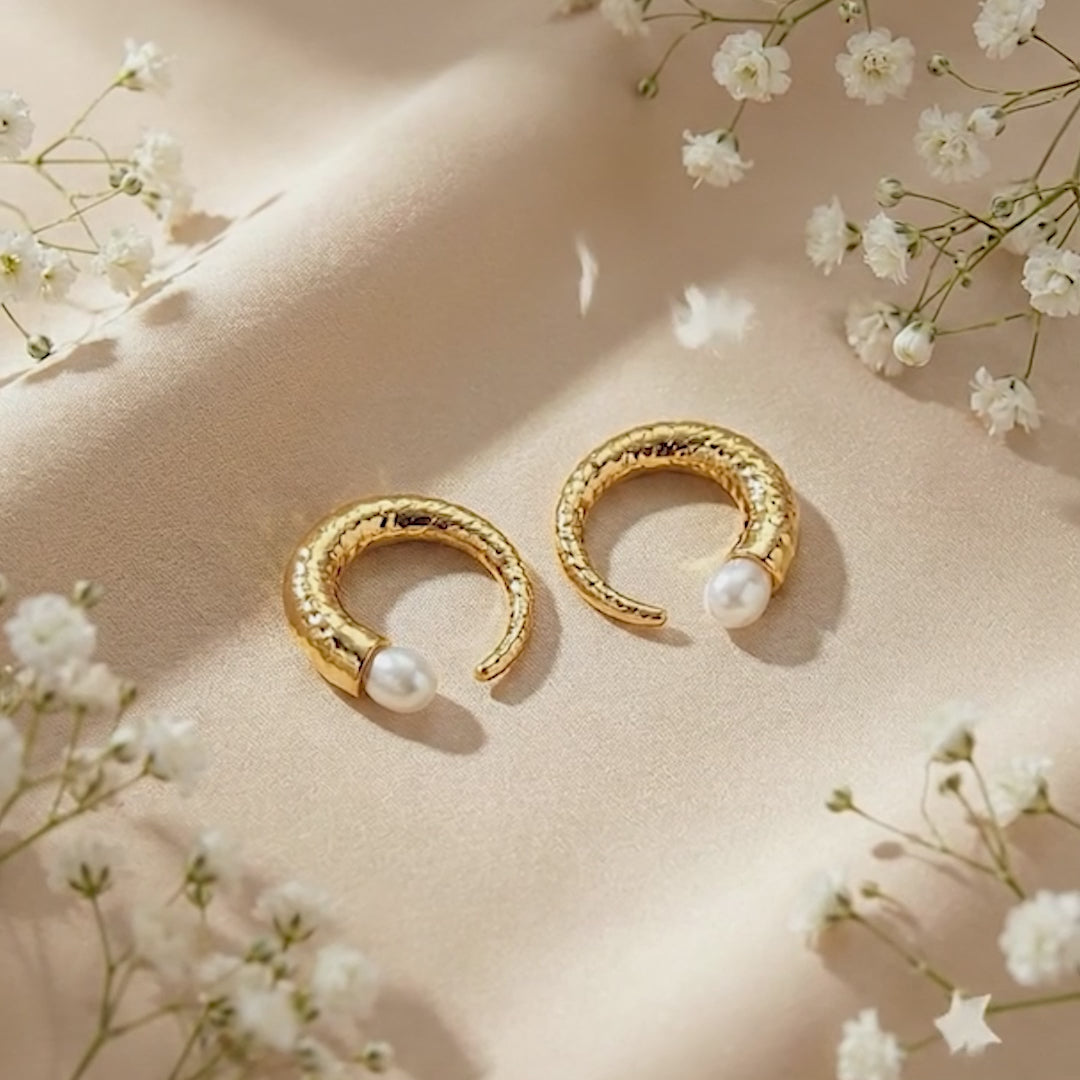 Pearl Crescent Studs 18k Gold Plated Earrings