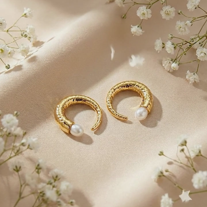 Pearl Crescent Studs 18k Gold Plated Earrings