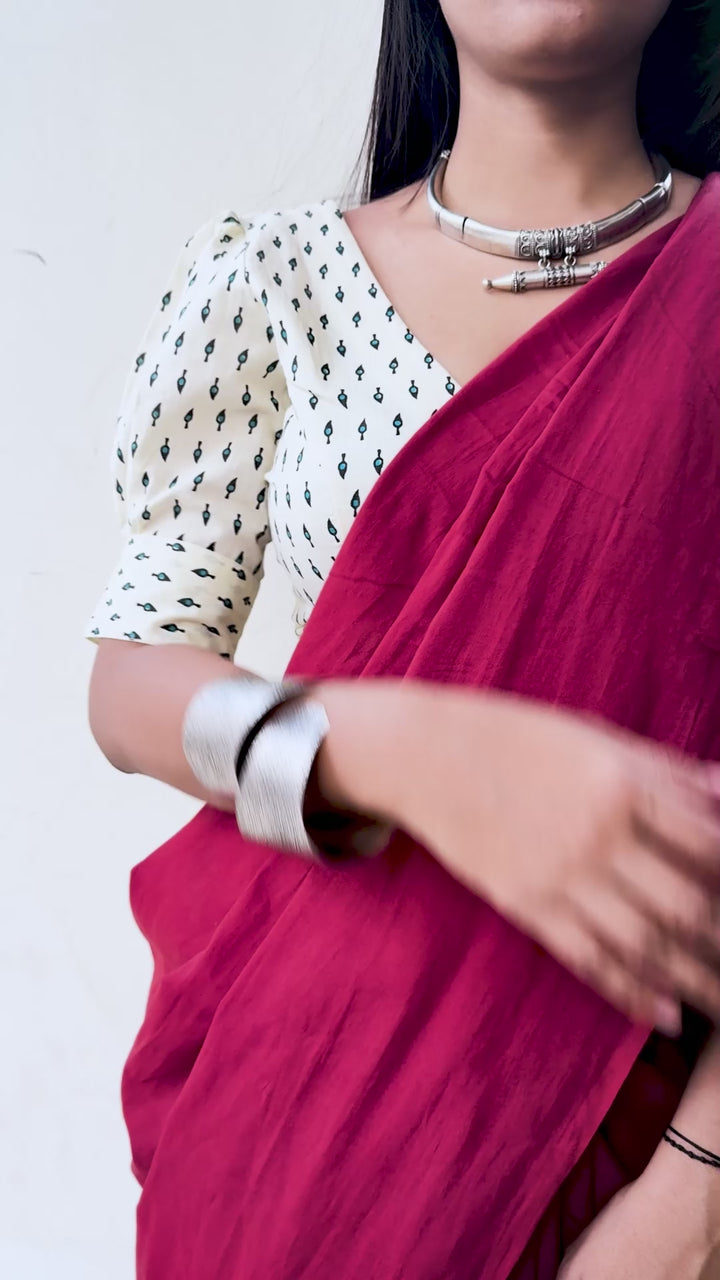 Modern Ease Off White Cotton Blouse with Gathered Sleeve