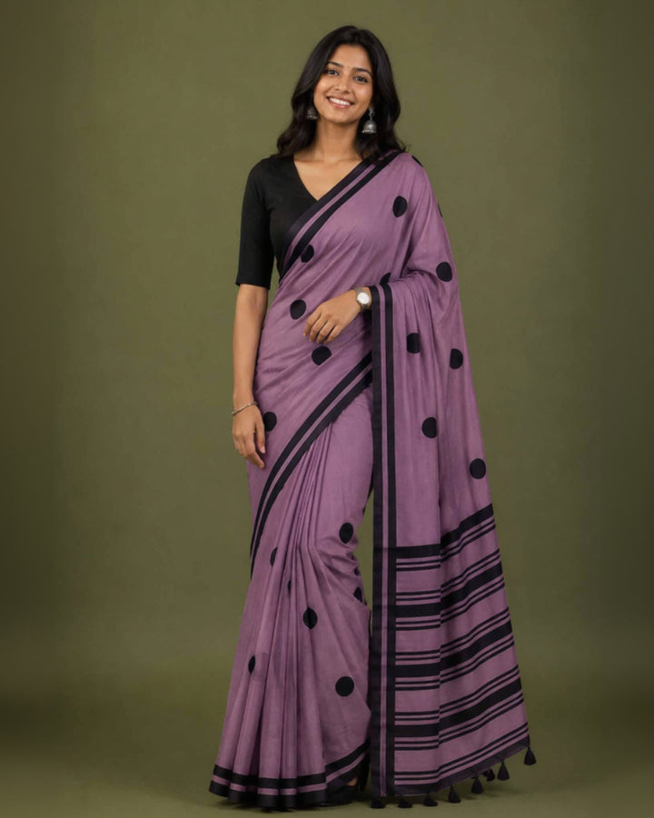 Purple Polka Hand Block Print Mul Mul Cotton Saree