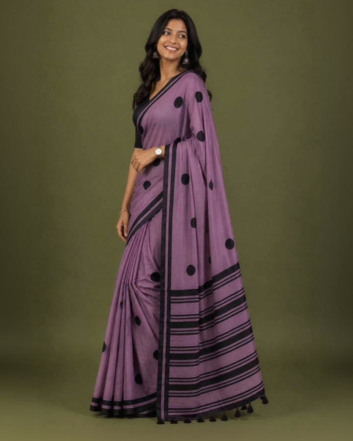 Purple Polka Hand Block Print Mul Mul Cotton Saree