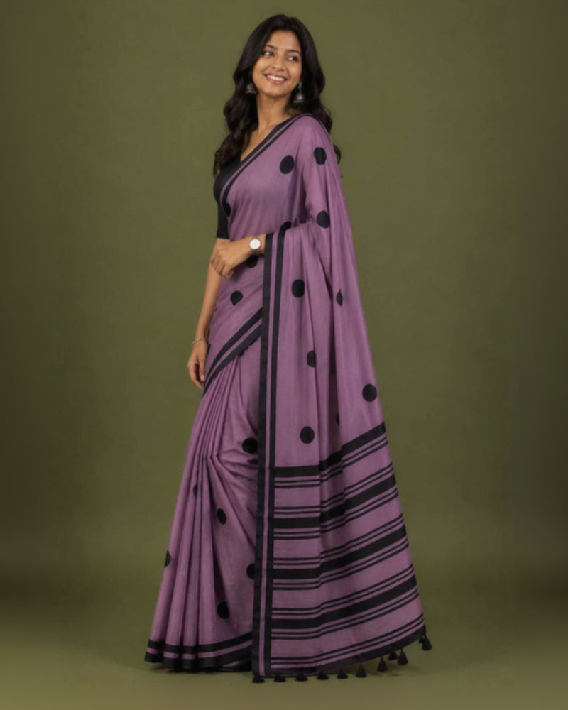 Purple Polka Hand Block Print Mul Mul Cotton Saree