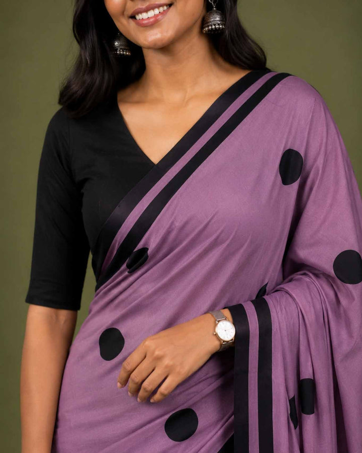 Purple Polka Hand Block Print Mul Mul Cotton Saree