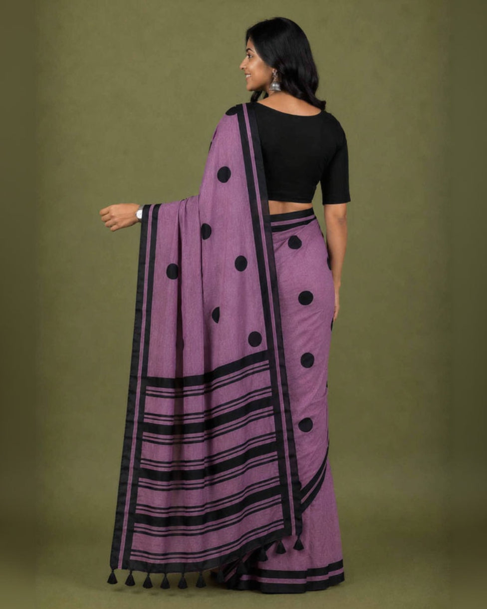 Purple Polka Hand Block Print Mul Mul Cotton Saree
