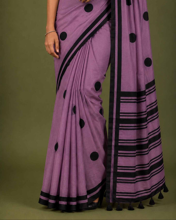Purple Polka Hand Block Print Mul Mul Cotton Saree