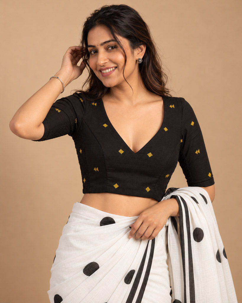 2-in-1 Reversible Stretchable V-Neck Art Silk & Cotton Blouse with Elbow Sleeves - Black & Off-white
