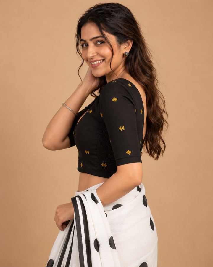 2-in-1 Reversible Stretchable V-Neck Art Silk & Cotton Blouse with Elbow Sleeves - Black & Off-white
