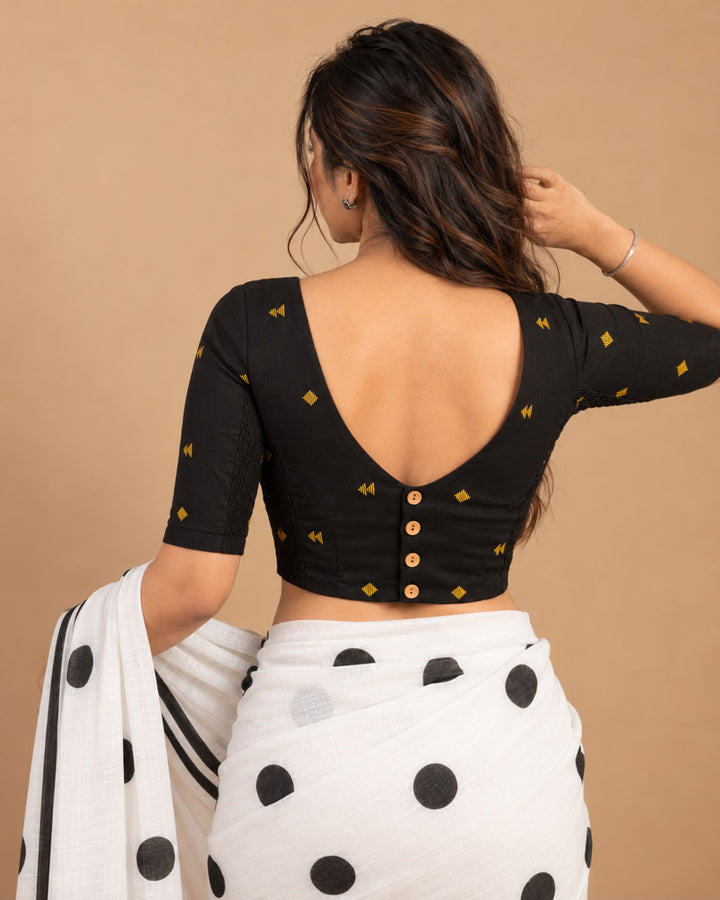 2-in-1 Reversible Stretchable V-Neck Art Silk & Cotton Blouse with Elbow Sleeves - Black & Off-white