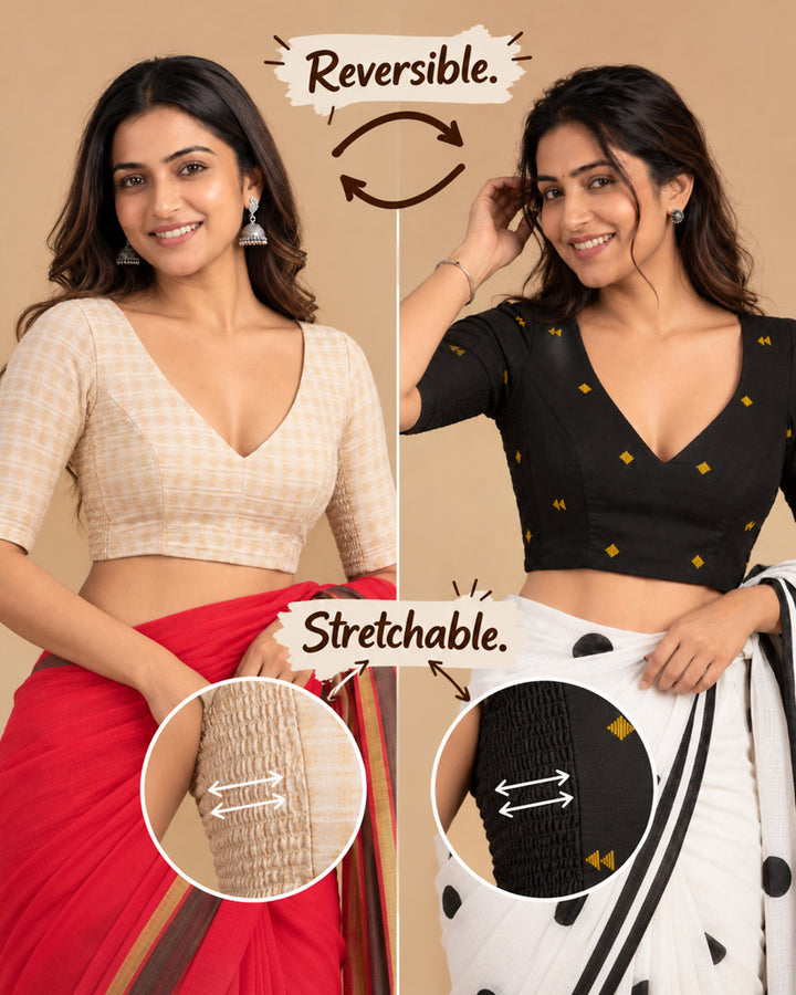 2-in-1 Reversible Stretchable V-Neck Art Silk & Cotton Blouse with Elbow Sleeves - Black & Off-white