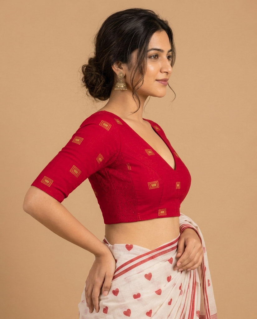 2-in-1 Reversible Stretchable V-Neck Art Silk & Cotton Blouse with Elbow Sleeves - Red & Mustard