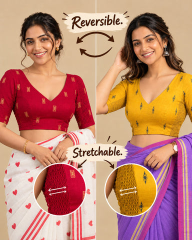 2-in-1 Reversible Stretchable V-Neck Art Silk & Cotton Blouse with Elbow Sleeves - Red & Yellow