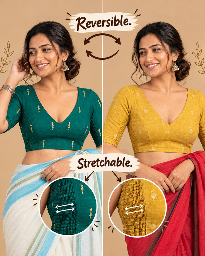 2-in-1 Reversible Stretchable V-Neck Art Silk Blouse with Elbow Sleeves - Green & Yellow