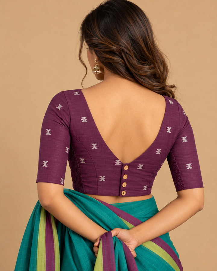 2-in-1 Reversible Stretchable V-Neck Art Silk & Cotton Blouse with Elbow Sleeves - Olive & Purple