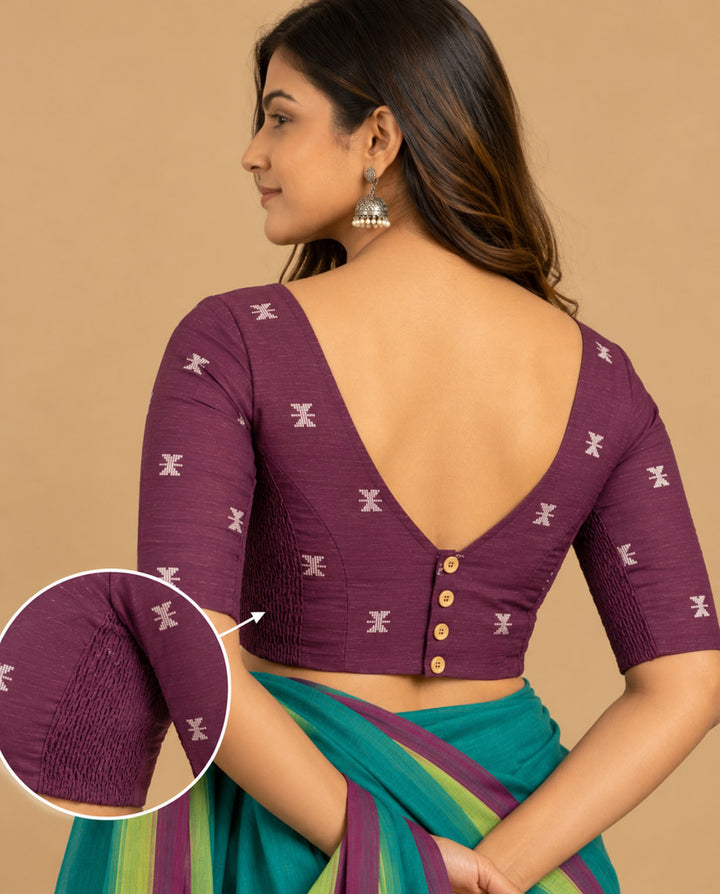 2-in-1 Reversible Stretchable V-Neck Art Silk & Cotton Blouse with Elbow Sleeves - Olive & Purple