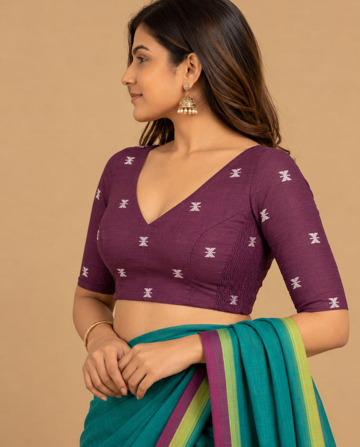 2-in-1 Reversible Stretchable V-Neck Art Silk & Cotton Blouse with Elbow Sleeves - Olive & Purple